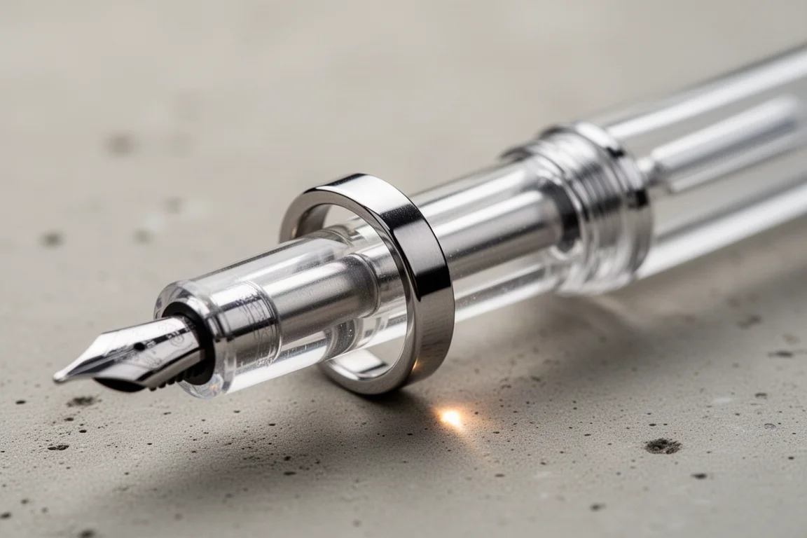 Primo piano di un anello decorativo in metallo sul fusto di una penna stilografica