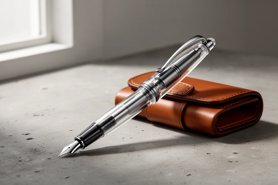 Transparent demonstrator fountain pen with leather case on concrete surface