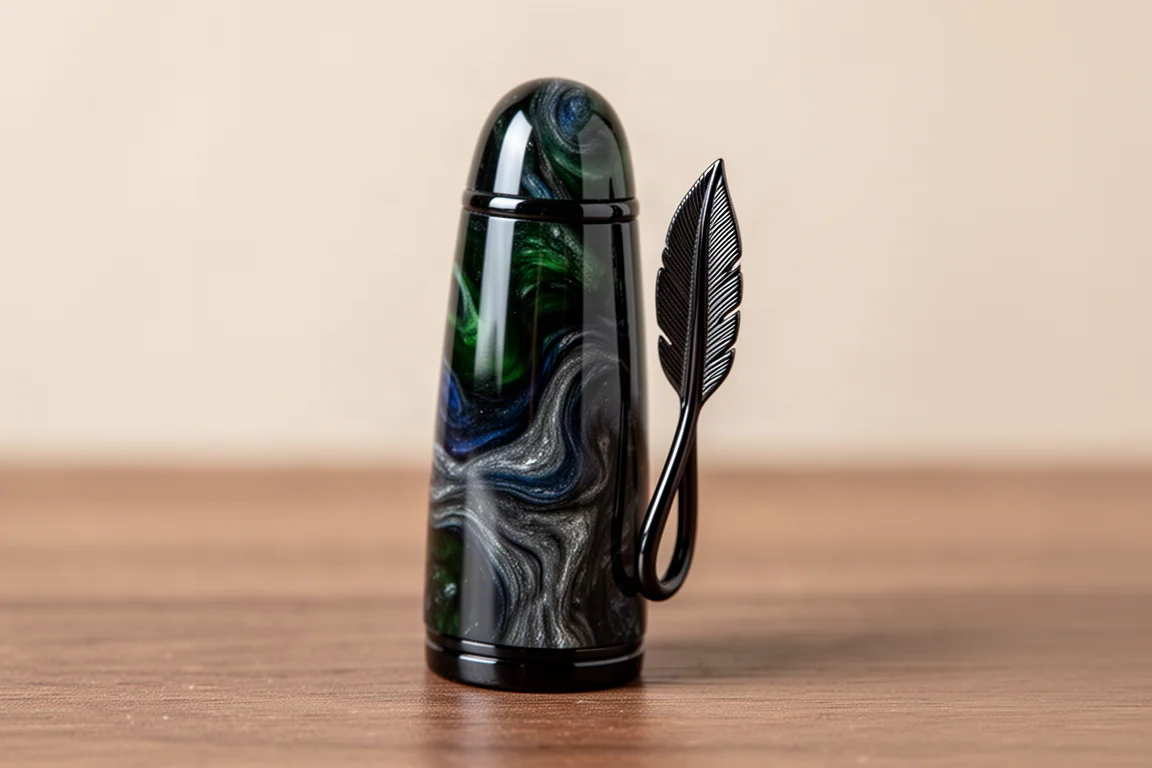 Deep swirl resin pen cap with black trim and spring-loaded clip resting on a desk