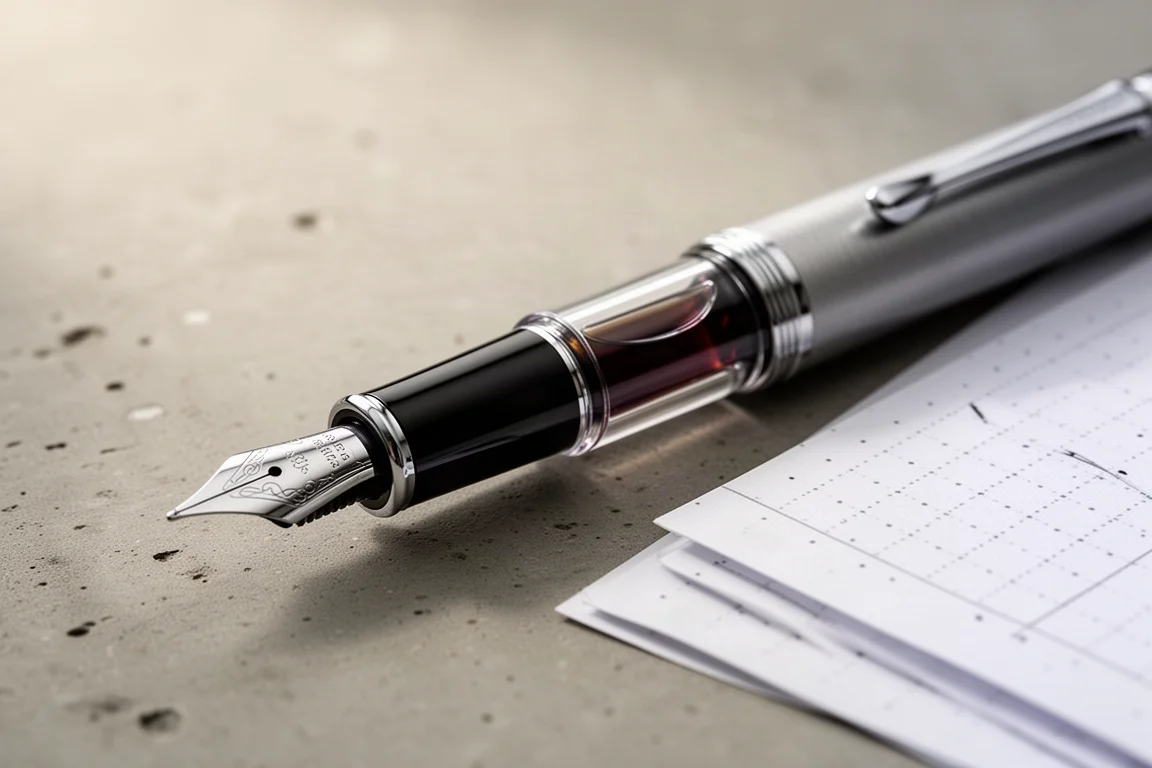 Fountain pen section with a transparent ink window ringed around the barrel