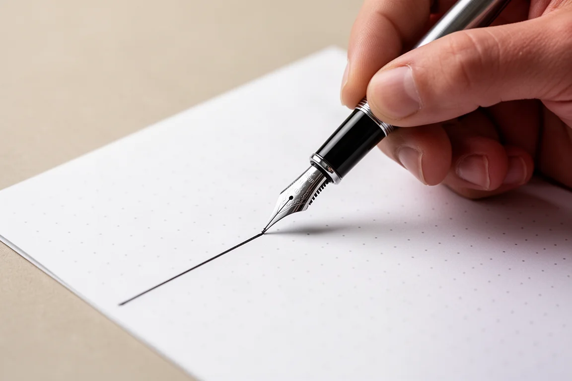 Fountain pen writing fine dark lines on dot grid paper