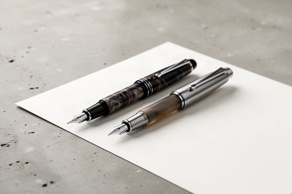 Two Italian fountain pens lying side by side on a desk for comparison