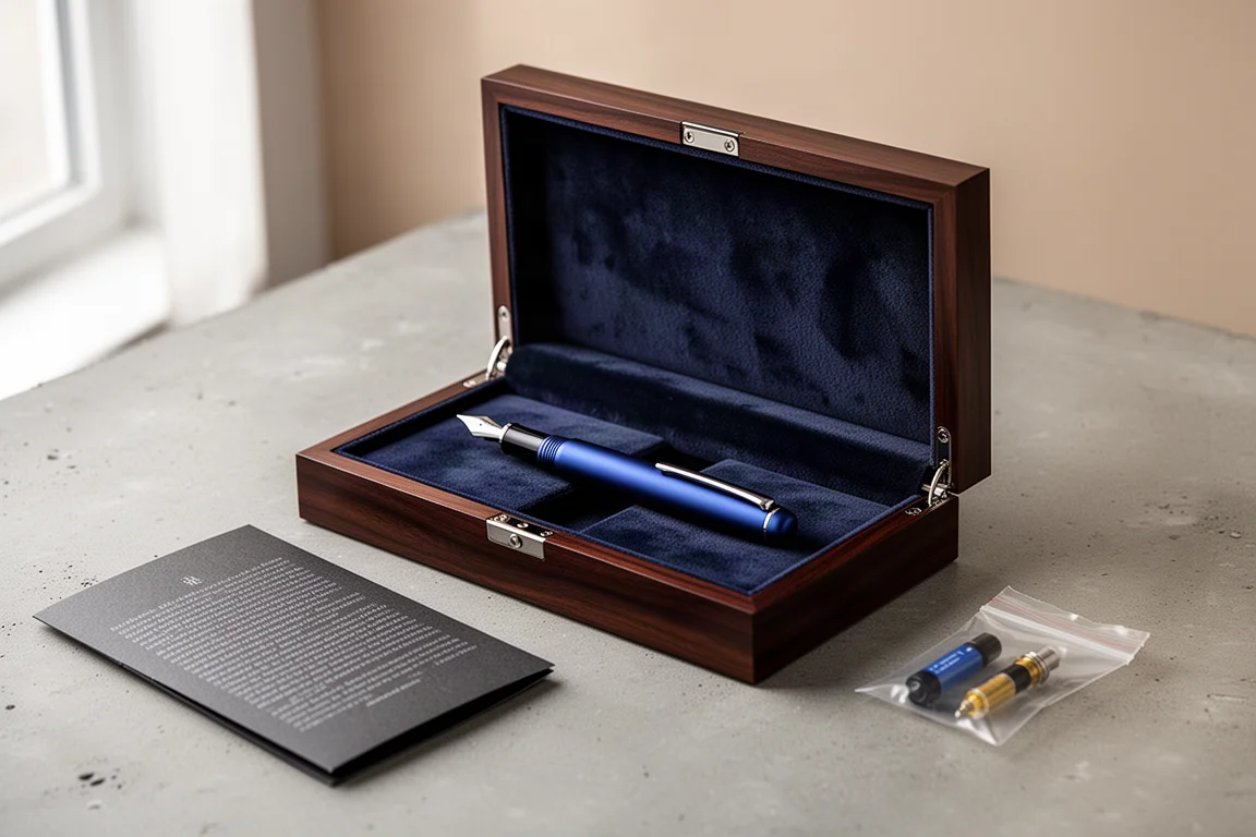 Coffret de présentation en bois lourd avec doublure en velours et logement pour stylo plume