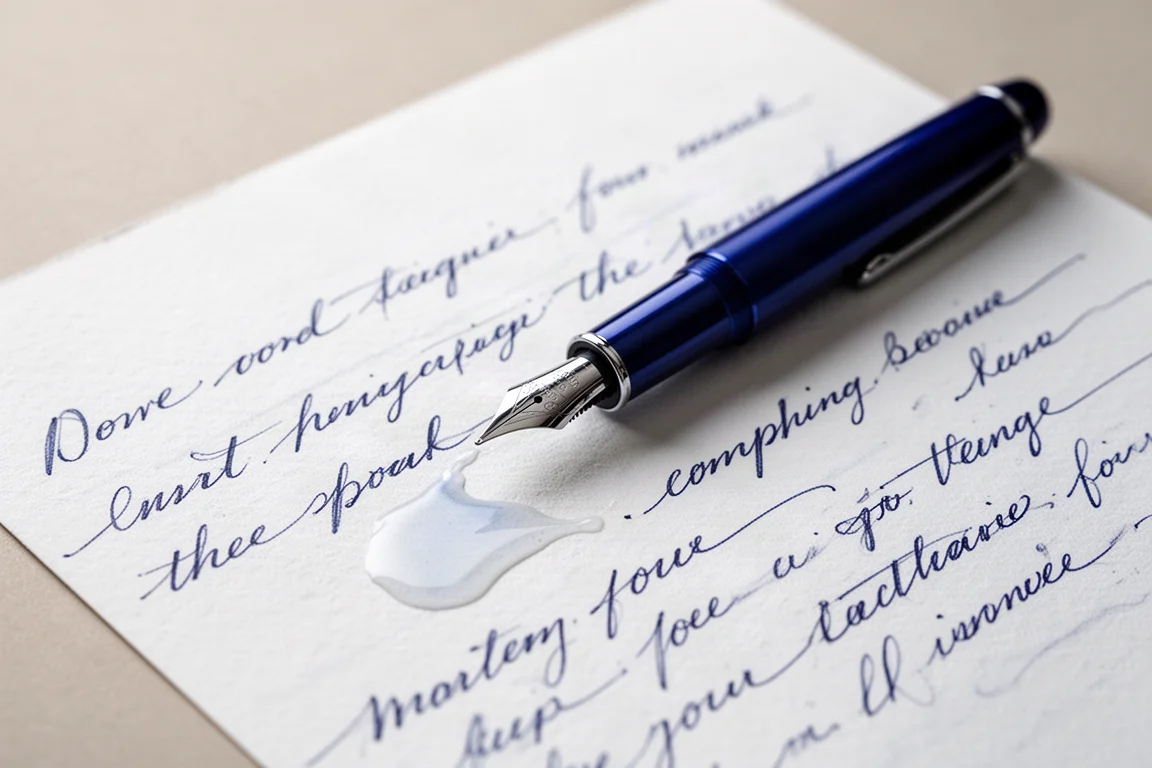 Stylo plume traçant des lignes d'encre bleue lisses sur du papier blanc texturé