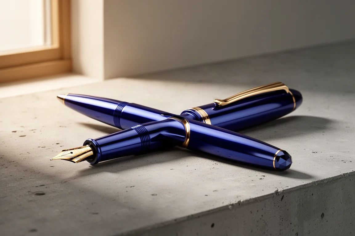 Deep blue metallic Pininfarina Novanta fountain pen resting on a concrete surface