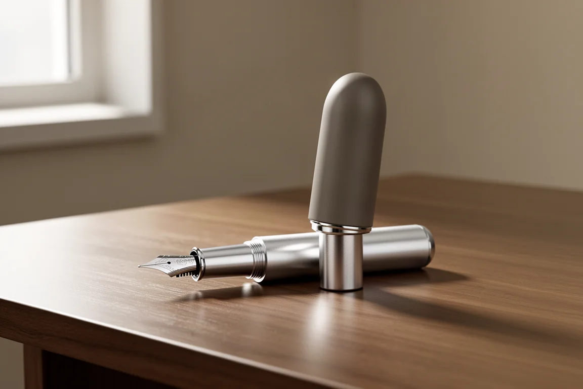 Compact pocket fountain pen with oversized cap on a brushed wooden desk