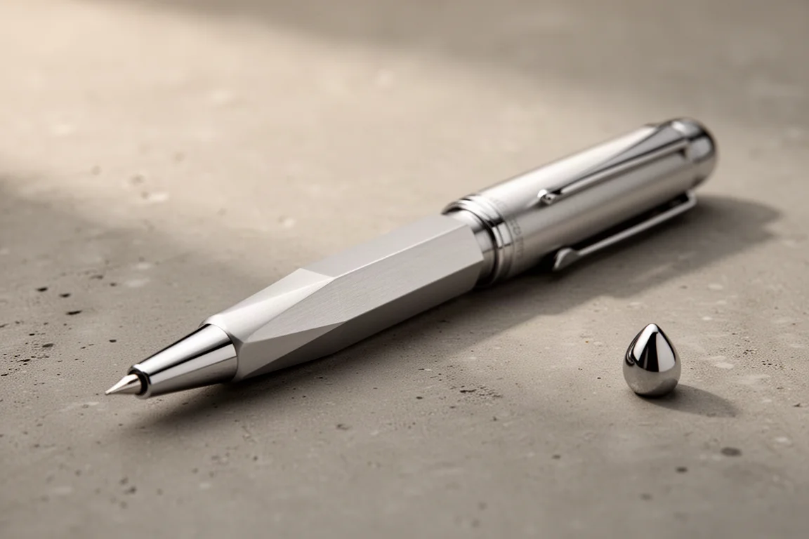 Estilográfica de aluminio triangular apoyada en un escritorio de modo que se ve el perfil de tres lados