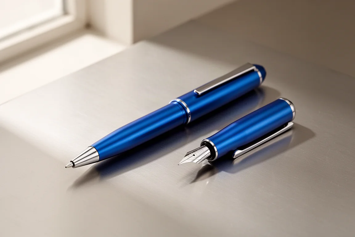 Stilografica in metallo blu anodizzato con punta in acciaio inox su superficie di alluminio spazzolato