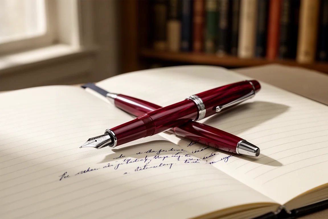 Deep red faceted fountain pen resting on an open lined journal page