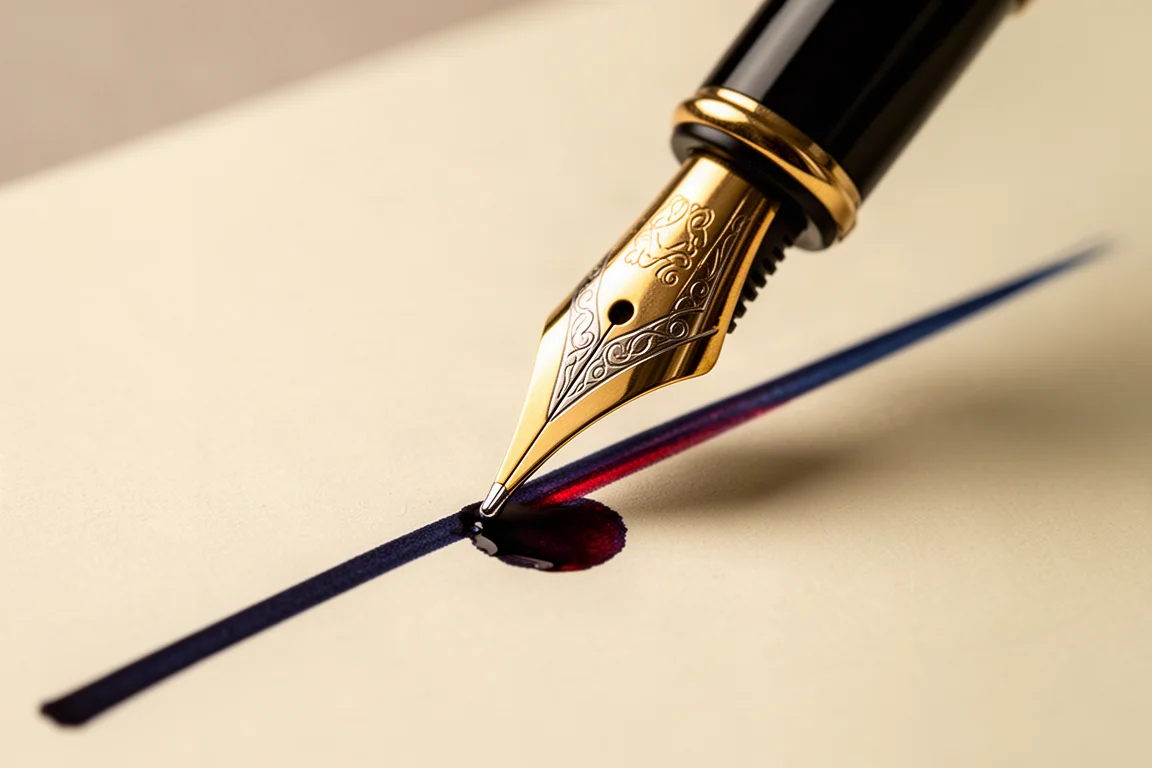 Fountain pen nib gliding across paper leaving a shaded blue ink line