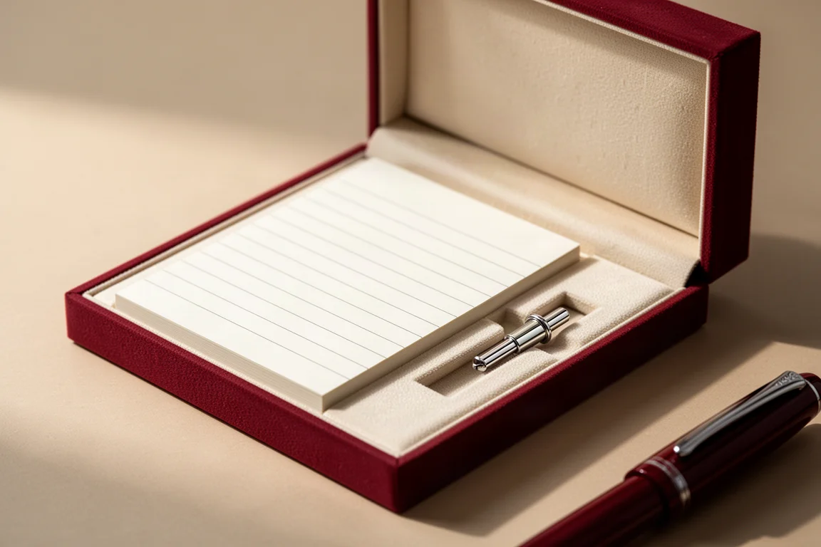 Open luxury pen box with lined stationery sheets and a metal filling key