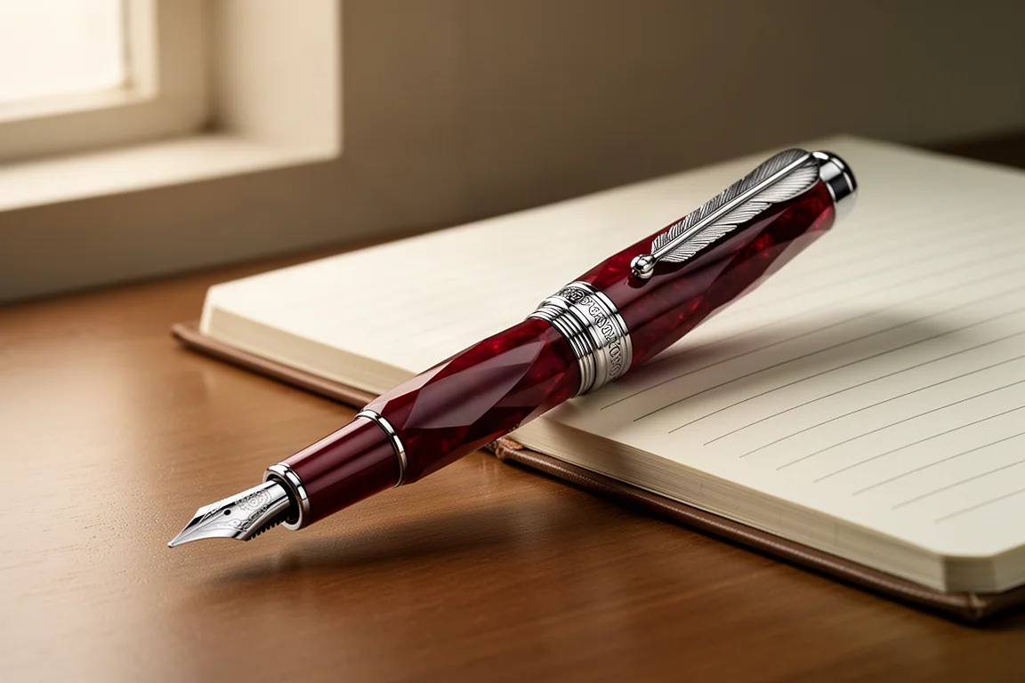Deep red luxury fountain pen resting on a wooden desk beside an open notebook