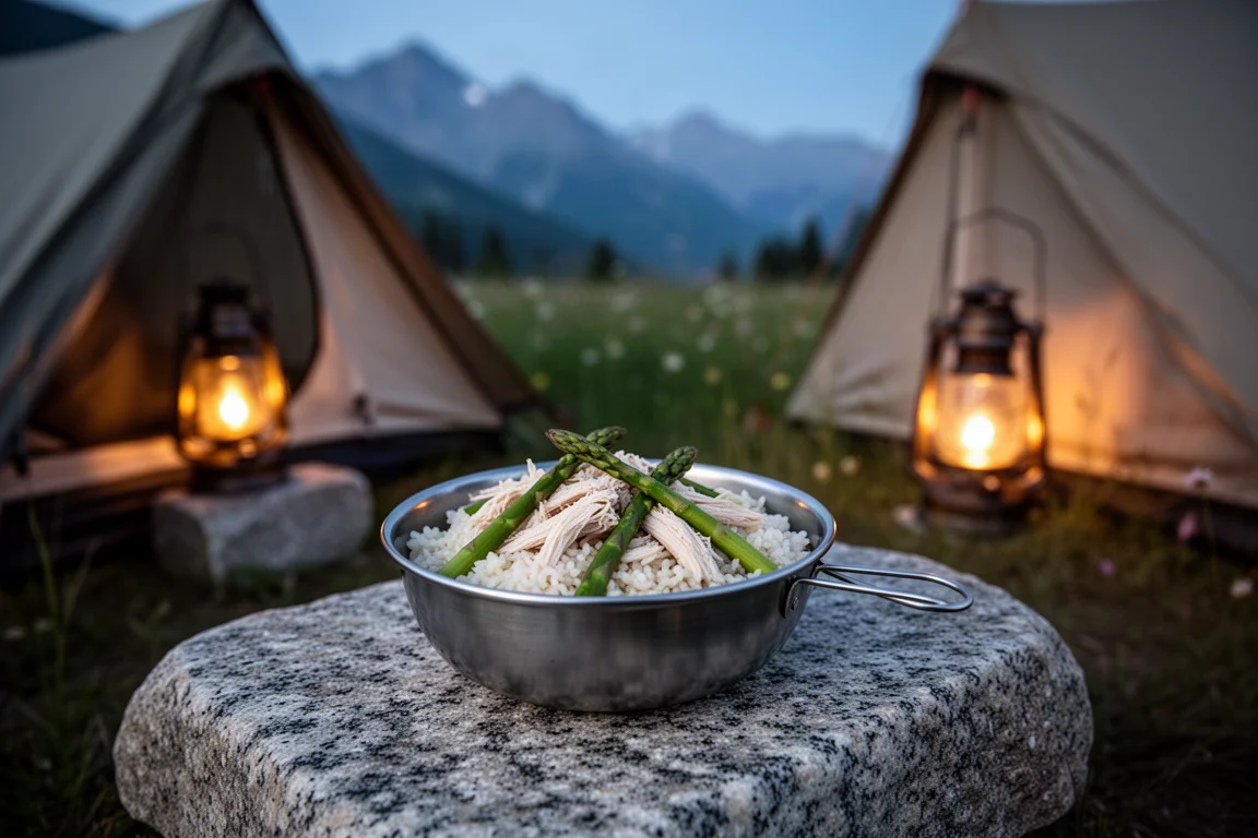 Réchaud de randonnée avec une casserole d'eau bouillante sur un camping au crépuscule