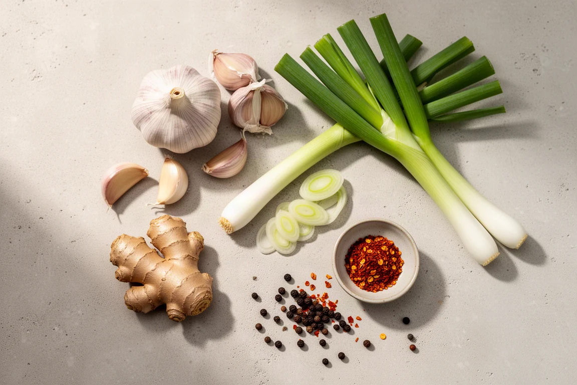 Vue de dessus à plat d'ail, gingembre, oignons verts et épices sur du béton
