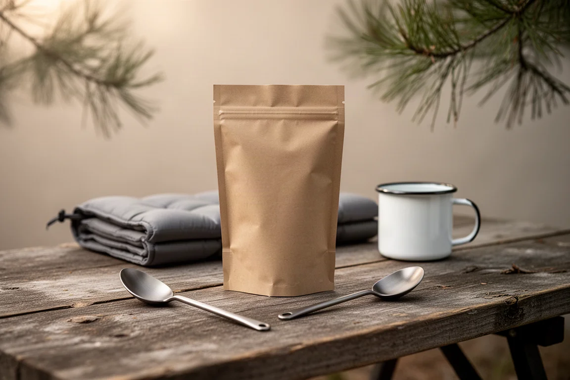 Bol complet de poulet, riz et asperges réhydratés sur une table de camping
