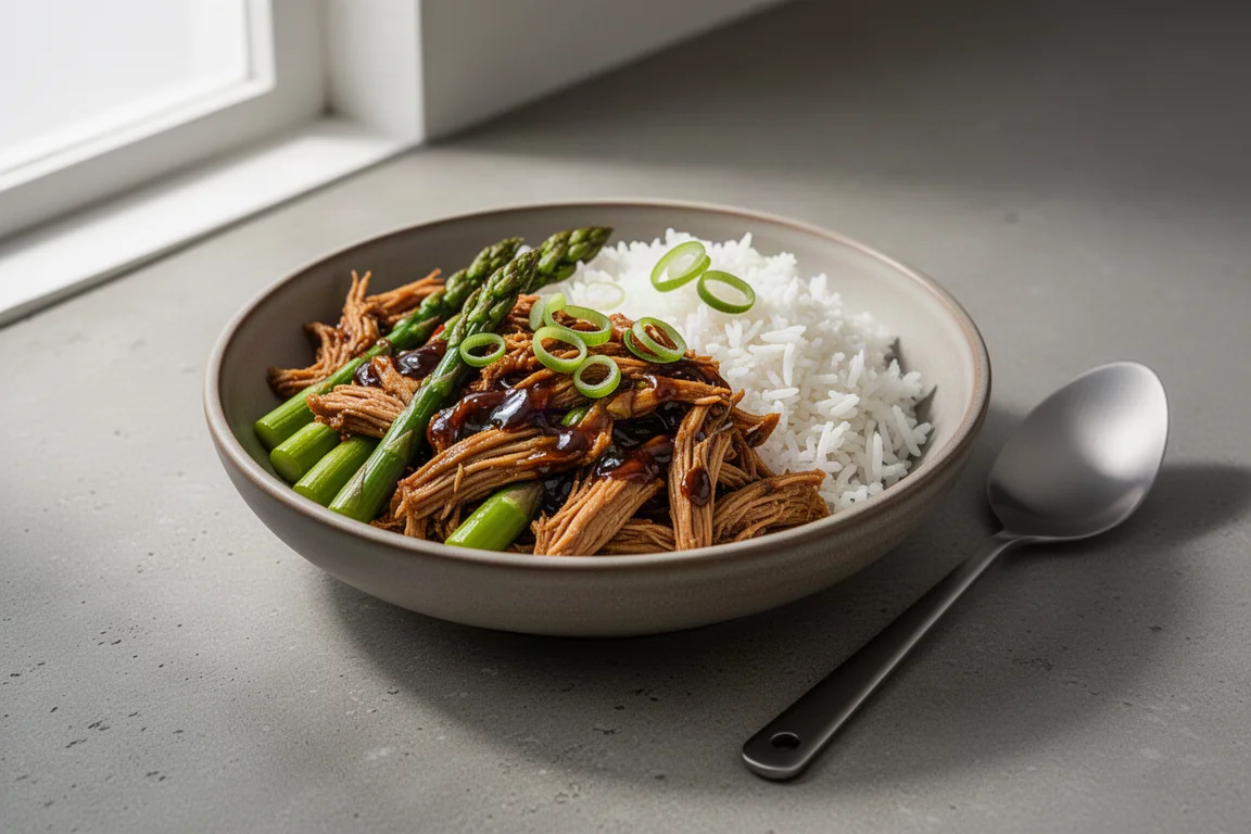 Backpacking meal pouch and a bowl of rehydrated teriyaki chicken with rice and asparagus