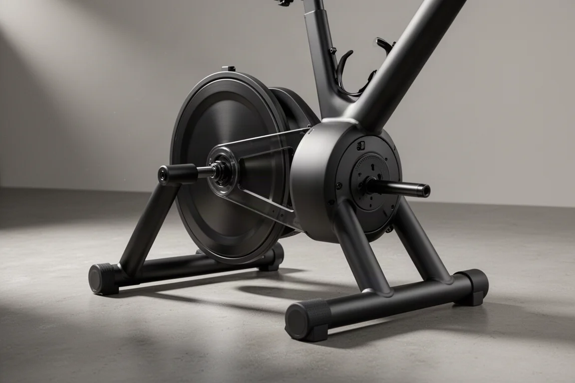 Matzwarte direct drive smart trainer met vliegwiel en opvouwbare poten op een betonnen vloer