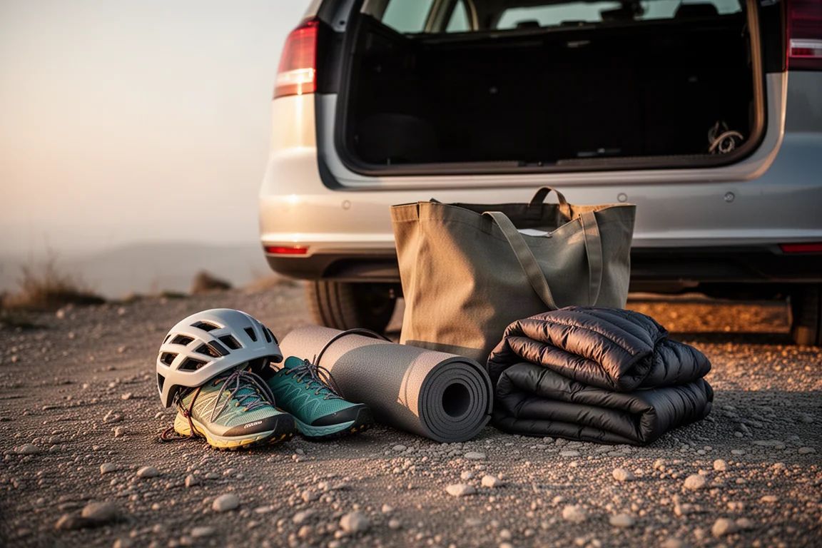 Equipamentos de atividades ao ar livre organizados ao lado de um porta-malas aberto ao nascer do sol antes de uma viagem