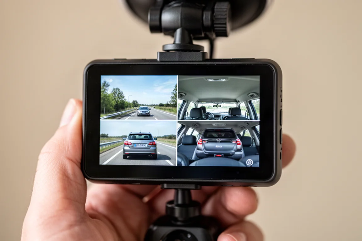 行車記錄器 3 吋 LCD 螢幕特寫,顯示三鏡頭即時畫面