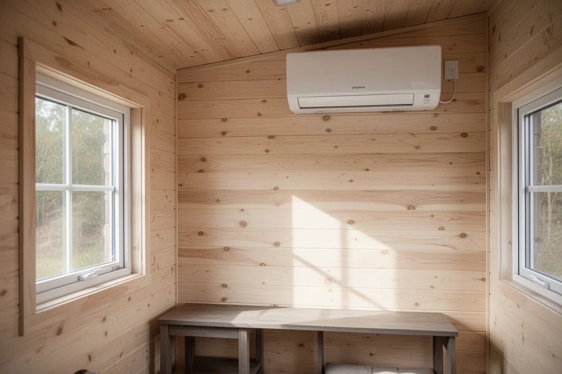 Tiny cabin interior with a white wall-mounted air handler unit installed above a workbench