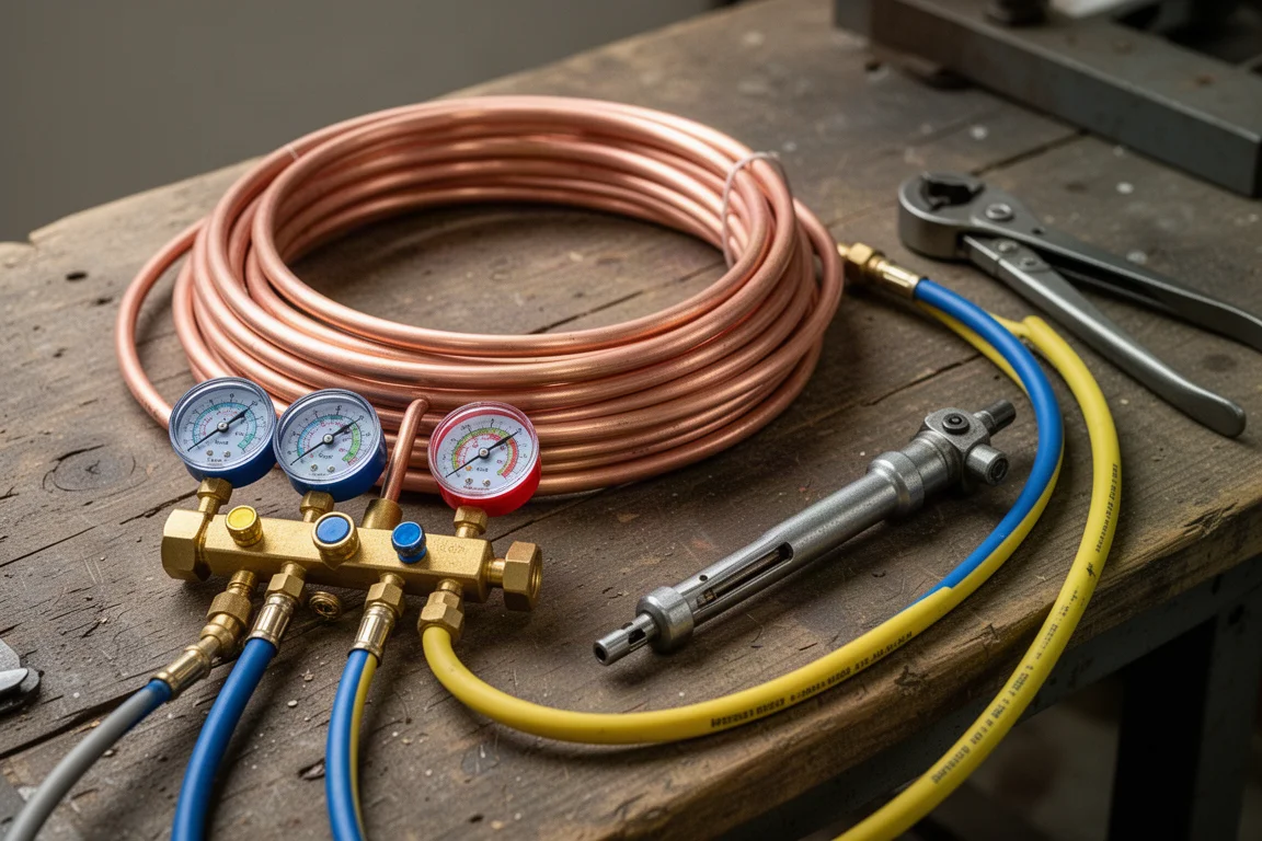 Copper refrigerant tubing and manifold gauge laid out on a wooden workbench during a DIY installation