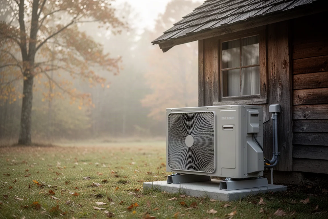 Outdoor mini split condenser unit running beside a small cabin in early autumn light