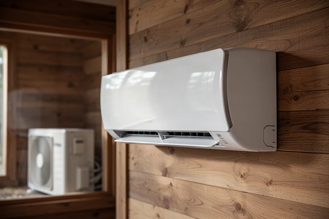 White wall-mounted mini split air handler in a rustic cabin interior with wood walls