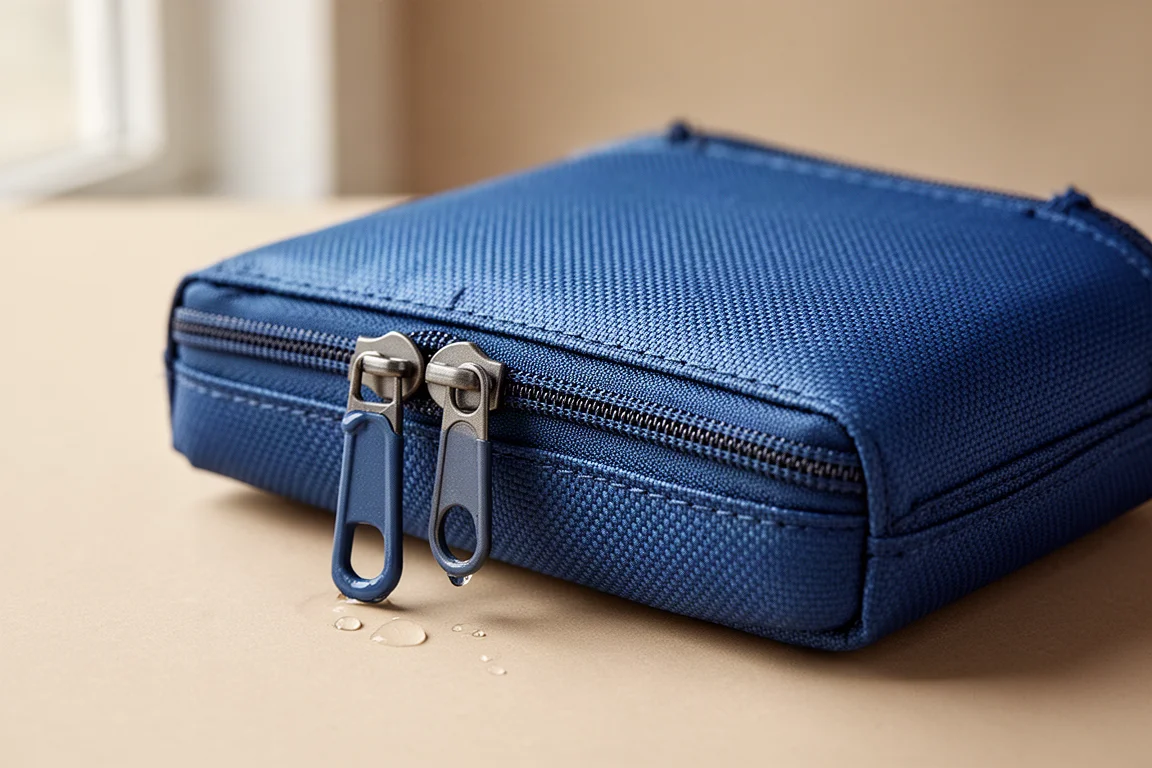 Travel wallet pouch with waterproof zipper and blue ballistic nylon shell