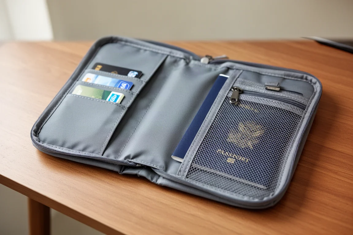 Open travel wallet showing interior card slots and passport compartment