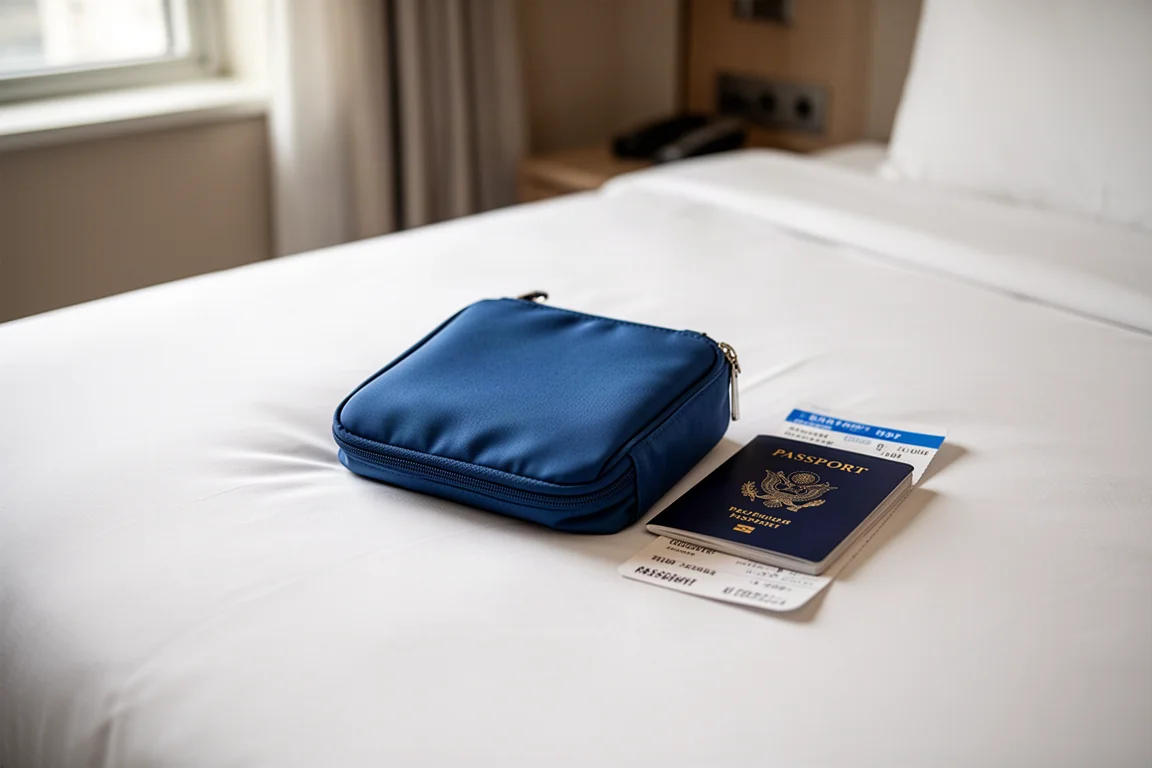 Travel wallet lying on a hotel bed with passport and boarding pass nearby