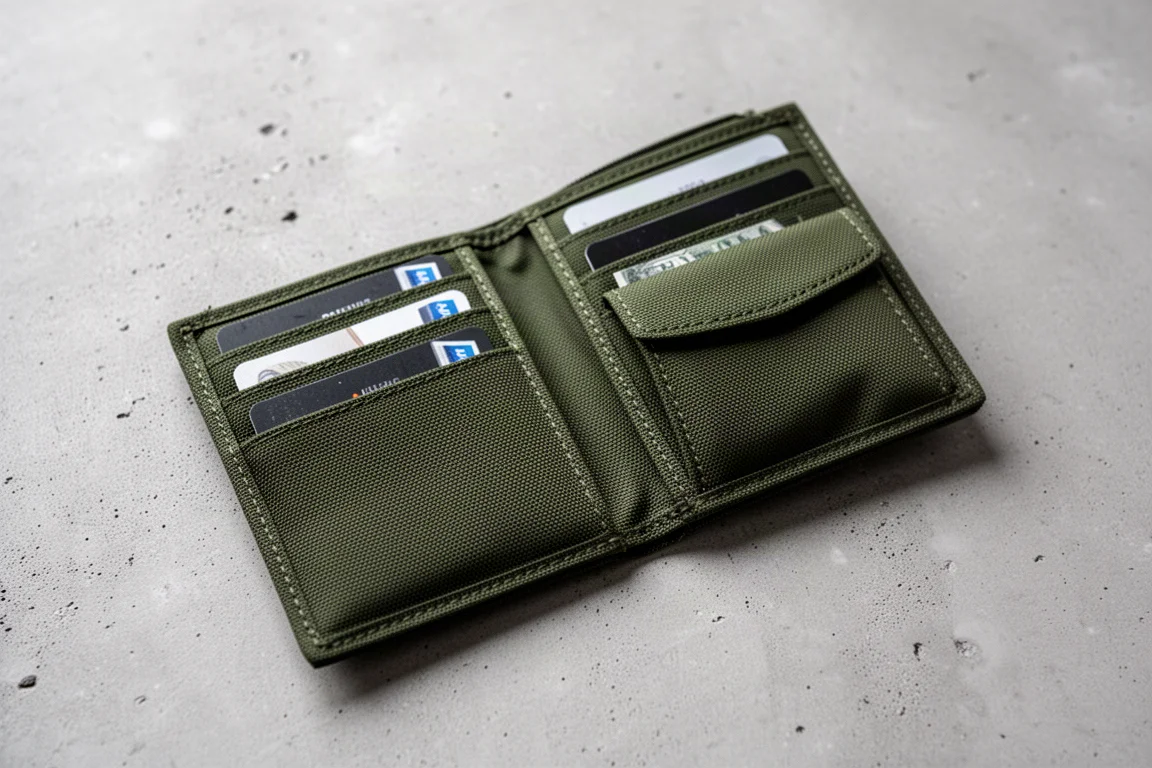 Billetera bífida de nailon verde bosque abierta mostrando ranuras para tarjetas y bolsillo para billetes