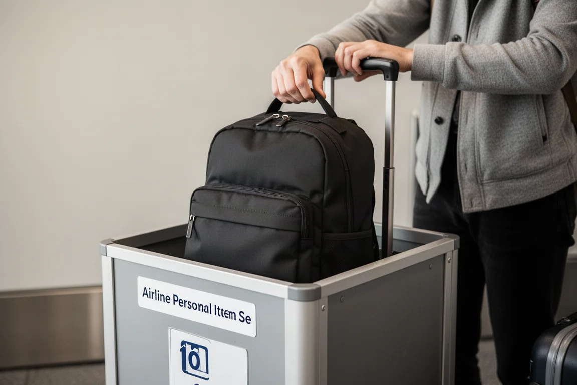 Reisender packt einen schwarzen Reiserucksack in eine kleine Messbox für persönliche Gegenstände