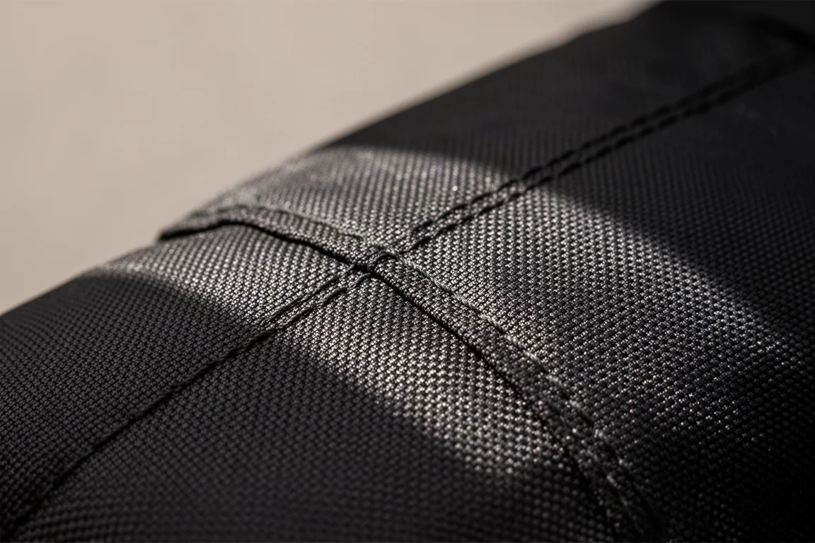 Nahaufnahme der Textur eines dicken Ballistic-Nylon-Stoffs an einem Reiserucksack