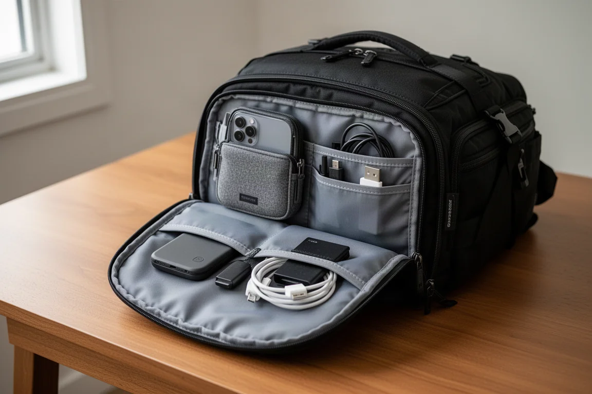 Geöffnete Vordertasche eines Reiserucksacks mit Tech-Pouch und kleinem Equipment