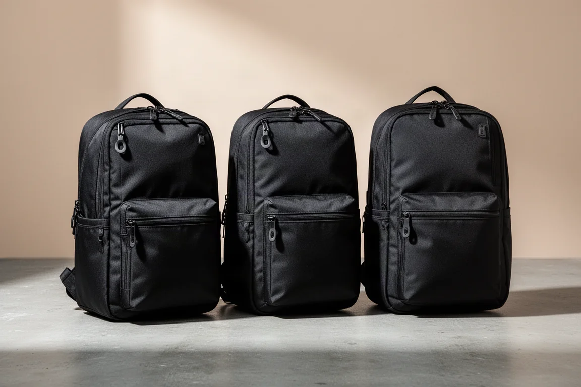 Tre zaini da viaggio neri di dimensioni graduate su una superficie di cemento