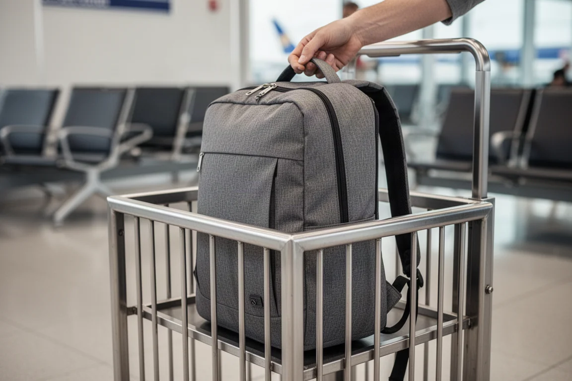 Zaino inserito nel contenitore di misura per bagagli a mano di una compagnia aerea in aeroporto