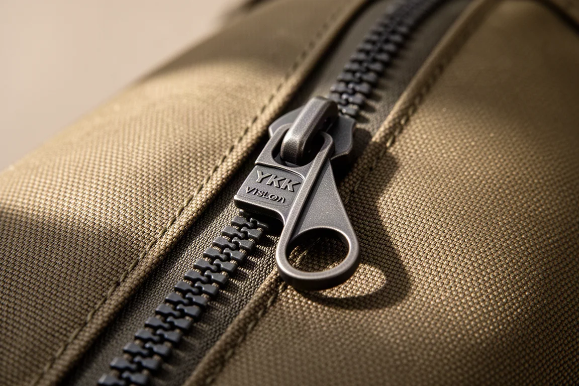 Primo piano di una robusta cerniera a spirale in nylon con cursore in metallo personalizzato