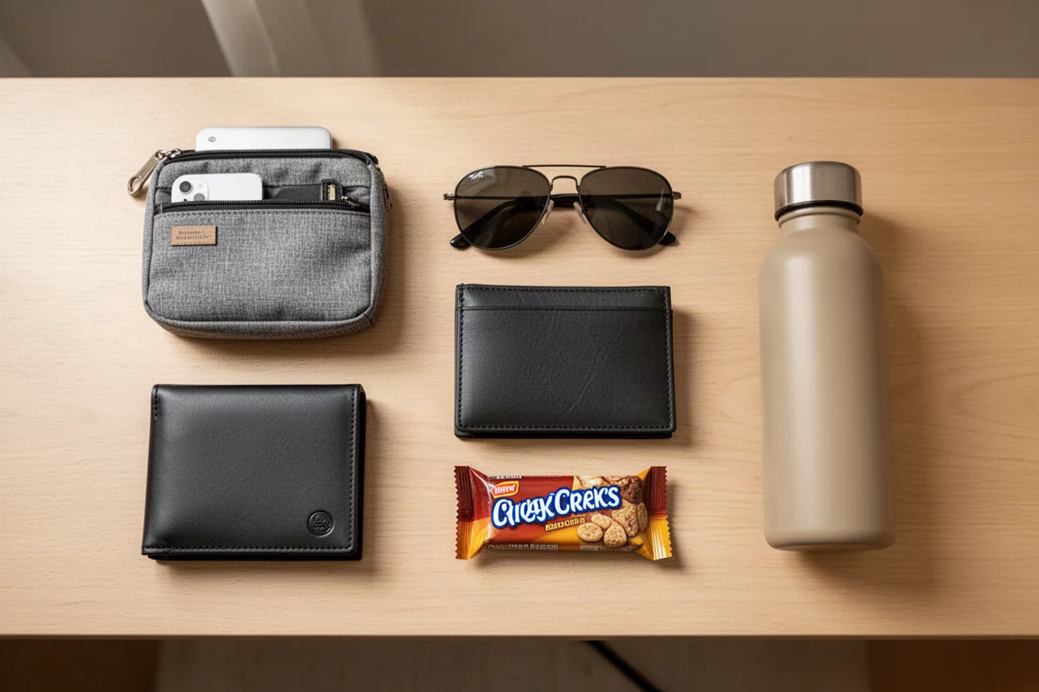 Tasche esterne dello zaino con una beauty case tecnologica, snack e una borraccia