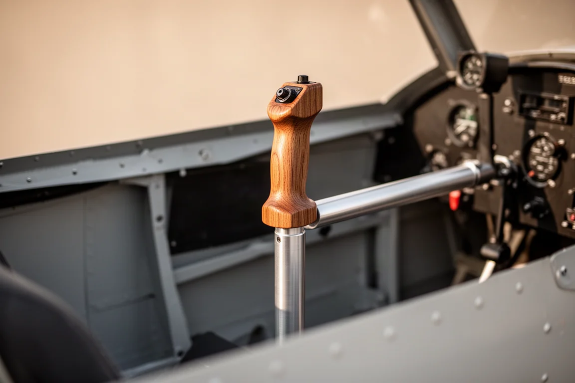 Wooden aircraft grip sliding onto a bare metal control stick tube