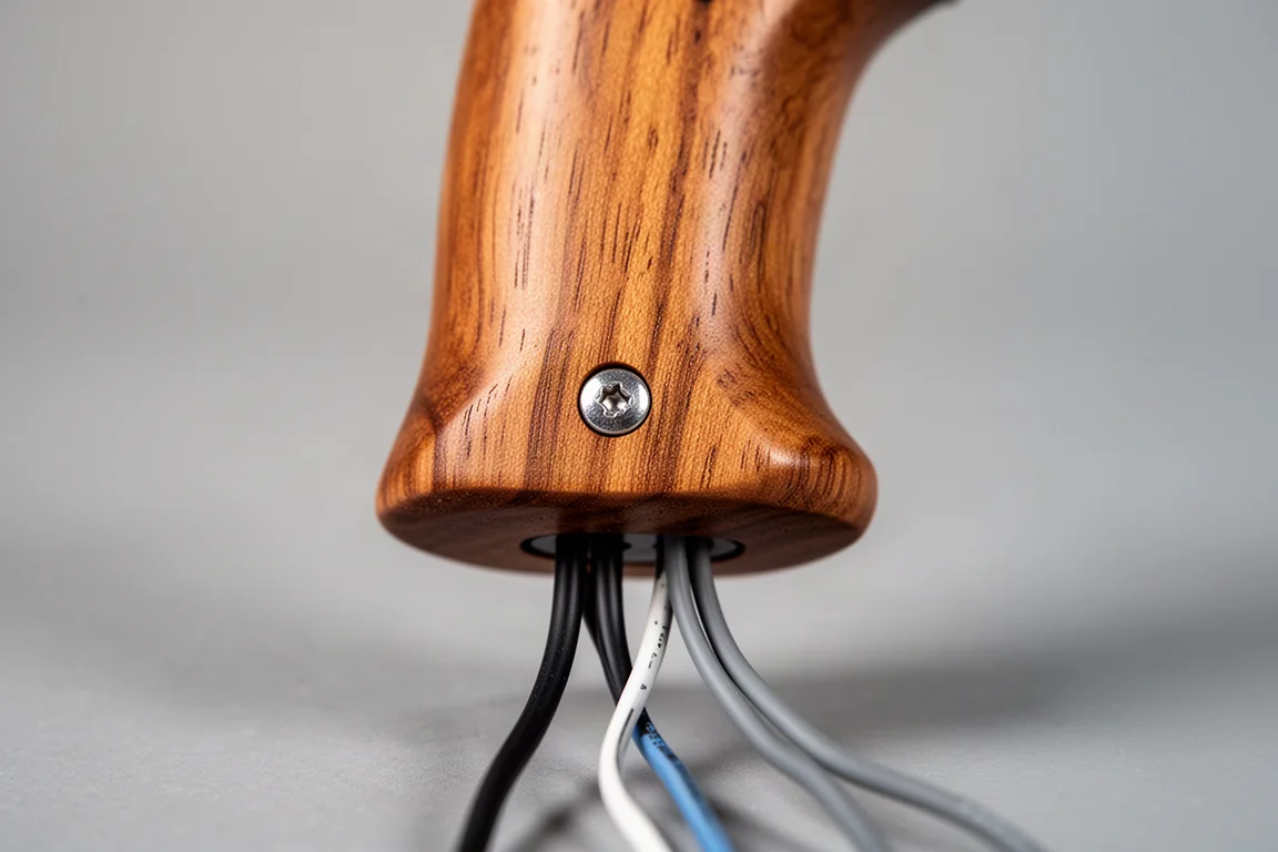 Close-up of wiring and a set screw on the base of a control grip