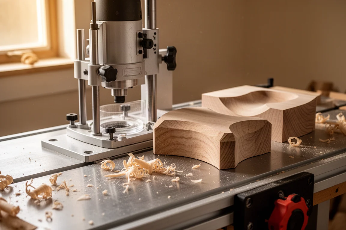 Workshop bench with woodworking tools shaping wooden grips