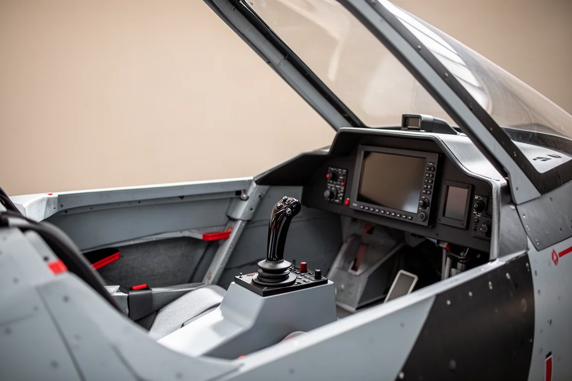 Experimental aircraft cockpit with black and grey theme and red accents