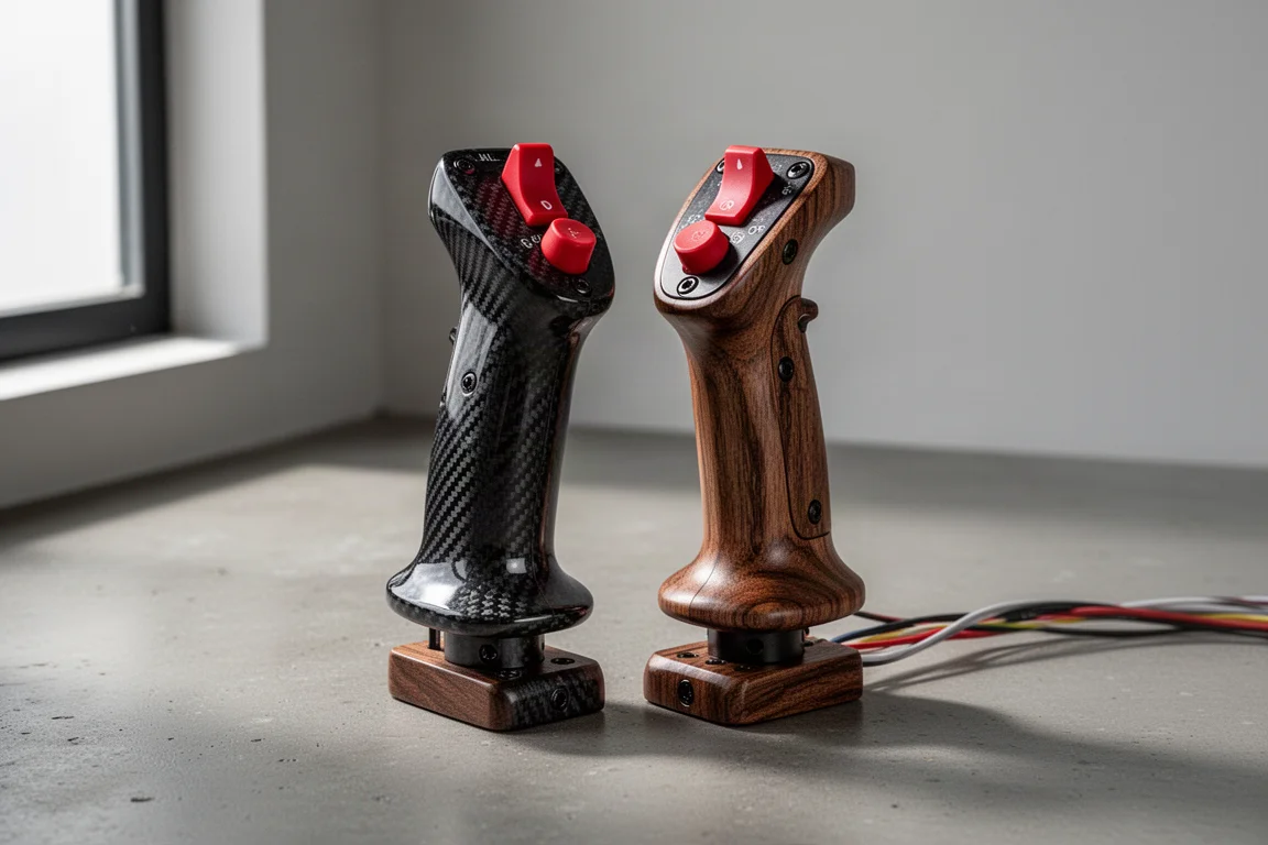 Pair of handcrafted wooden aircraft control grips with red buttons and wiring