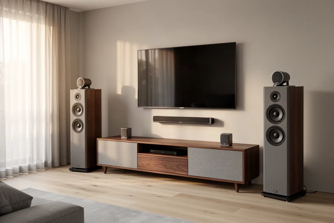 Atmos-Setup im Wohnzimmer mit Standlautsprechern und nach oben abstrahlenden Lautsprechermodulen