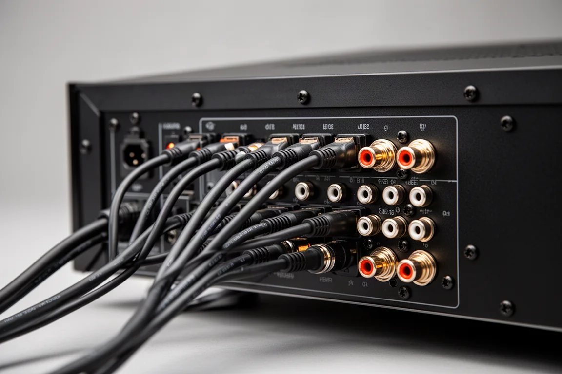 Rückseite eines Heimkinoreceivers mit sauber verlegten HDMI- und Lautsprecherkabeln