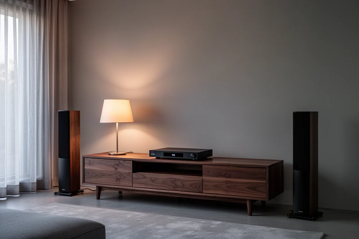 Minimalistisches Wohnzimmer in der Dämmerung mit niedriger Medienkonsole und schlanken Standlautsprechern