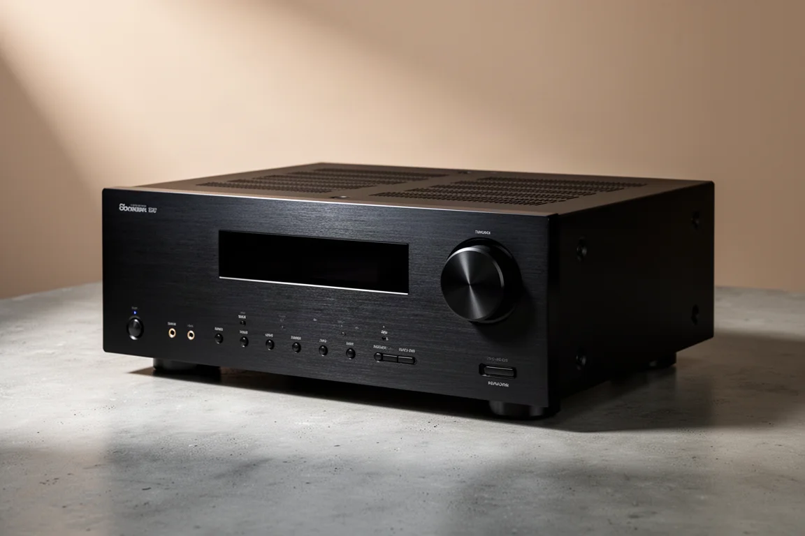 Black nine-channel AV receiver on a matte concrete surface in soft studio light
