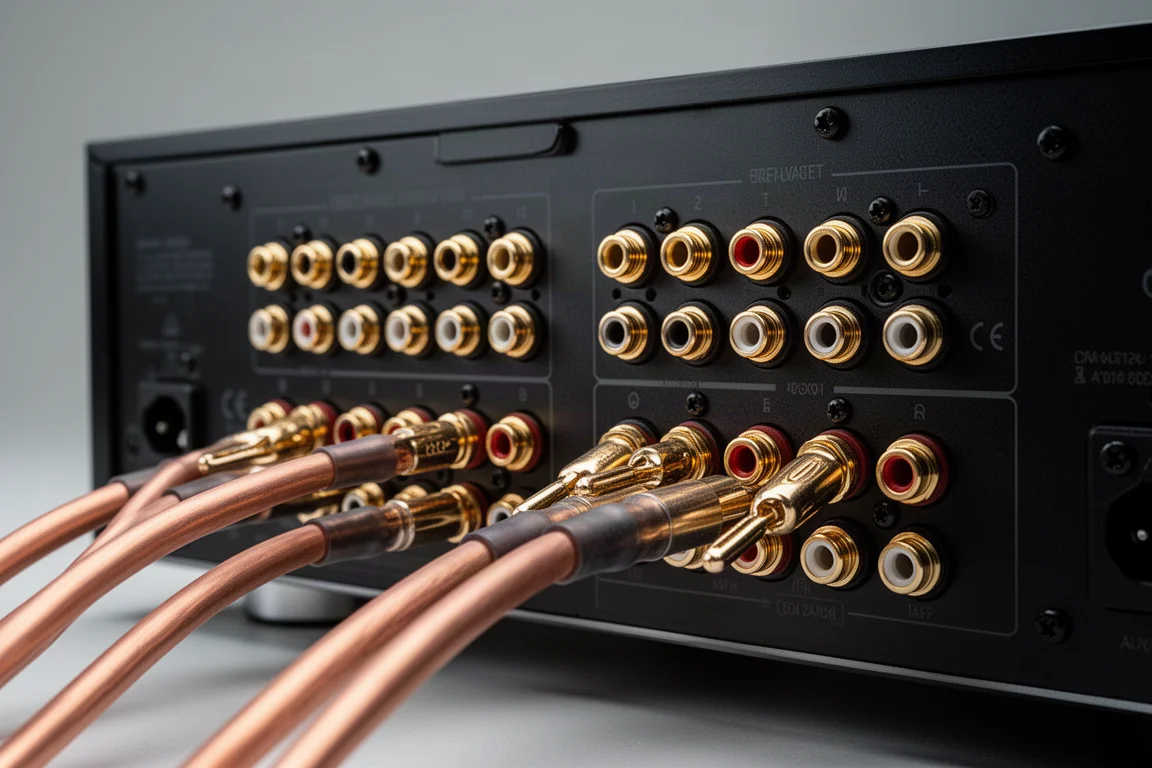 Nahaufnahme der Lautsprecher-Anschlussterminals auf der Rückseite eines AV-Receivers