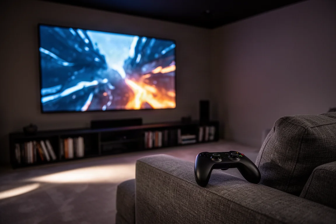 Abgedunkelter Heimkinoraum mit leuchtendem Fernseher und einem Gamecontroller auf einem Sofa