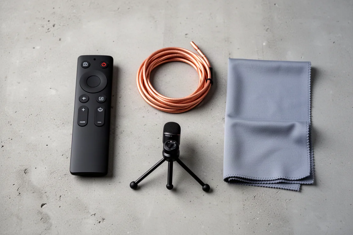 Flat-Lay von Heimkino-Zubehör, darunter Fernbedienung, Kabel und Einmessmikrofon